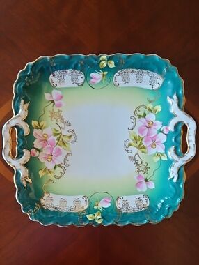 Antique PM Bavaria Hand Painted Floral Porcelain Dresser Vanity Tray Gold Trim